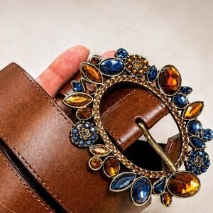 Amiee Lynn Brown Gemstone Buckle Belt M/L Leather-Lined Boho Western Statement